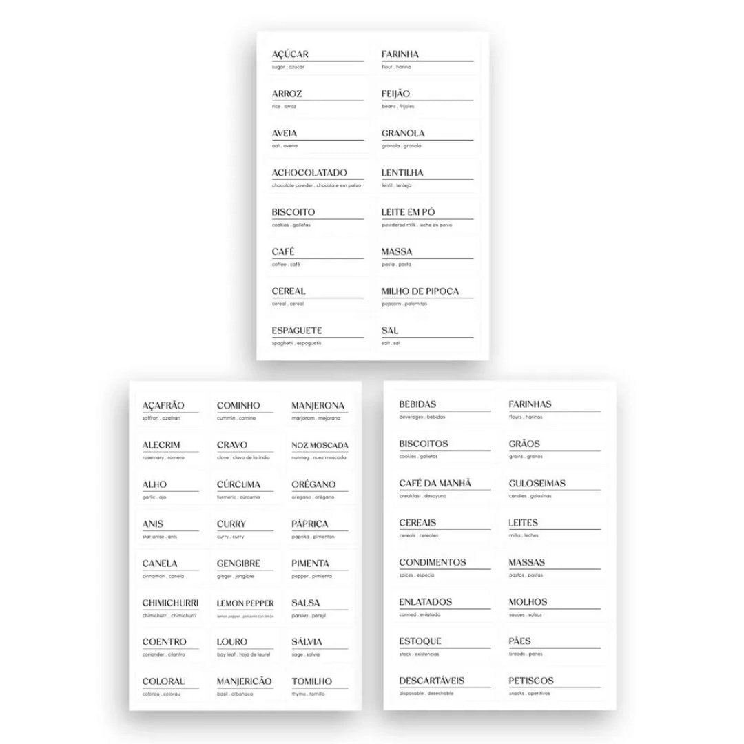 Conjunto de Etiquetas Adesivas para Temperos, Mantimentos e Despensa 3 Peças - Ela Decora