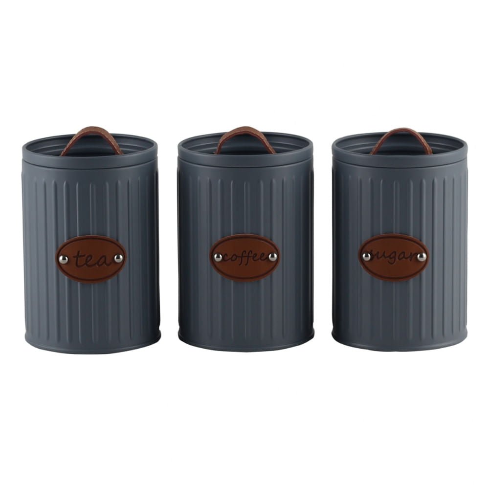 Conjunto de Latas Herméticas Porta Condimentos de Ferro Cinza e Tampa com Puxador Couro Sugar Coffee Tea - 3 Peças - Ela Decora