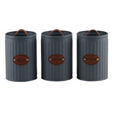 Conjunto de Latas Herméticas Porta Condimentos de Ferro Cinza e Tampa com Puxador Couro Sugar Coffee Tea - 3 Peças - Ela Decora
