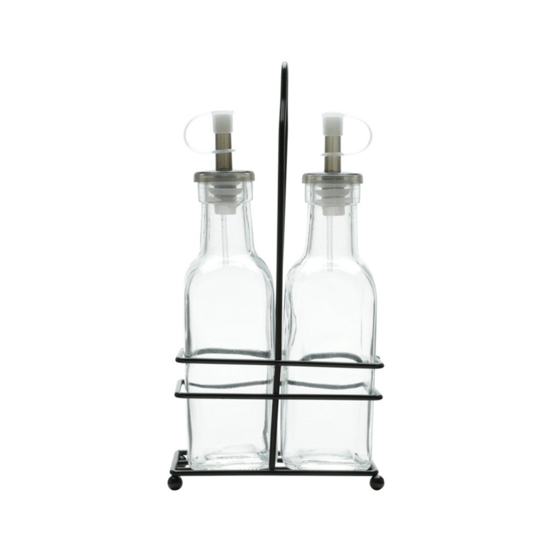 Conjunto Galheteiros Vidro Borossilicato com Suporte de Metal Preto 3 Peças - Ela Decora