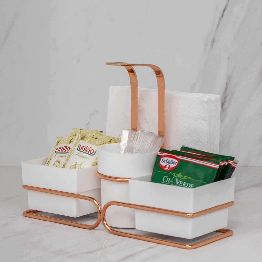 Conjunto para Chá e Café Porta Sachês Mexedor Branco e Rose Gold 3 em 1 - Ela Decora