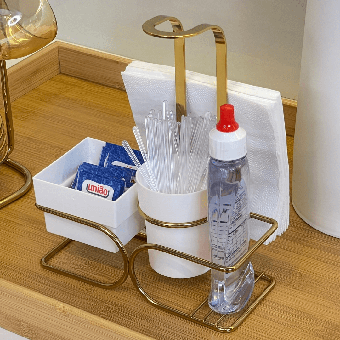 Conjunto para Sachês Chá Café Açucar e Adoçante Branco e Dourado - Ela Decora
