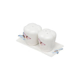 Conjunto Saleiro e Pimenteiro com Bandeja de Porcelana Borboletas Branco 6cm 3 Peças - Ela Decora