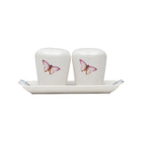 Conjunto Saleiro e Pimenteiro com Bandeja de Porcelana Borboletas Branco 6cm 3 Peças - Ela Decora