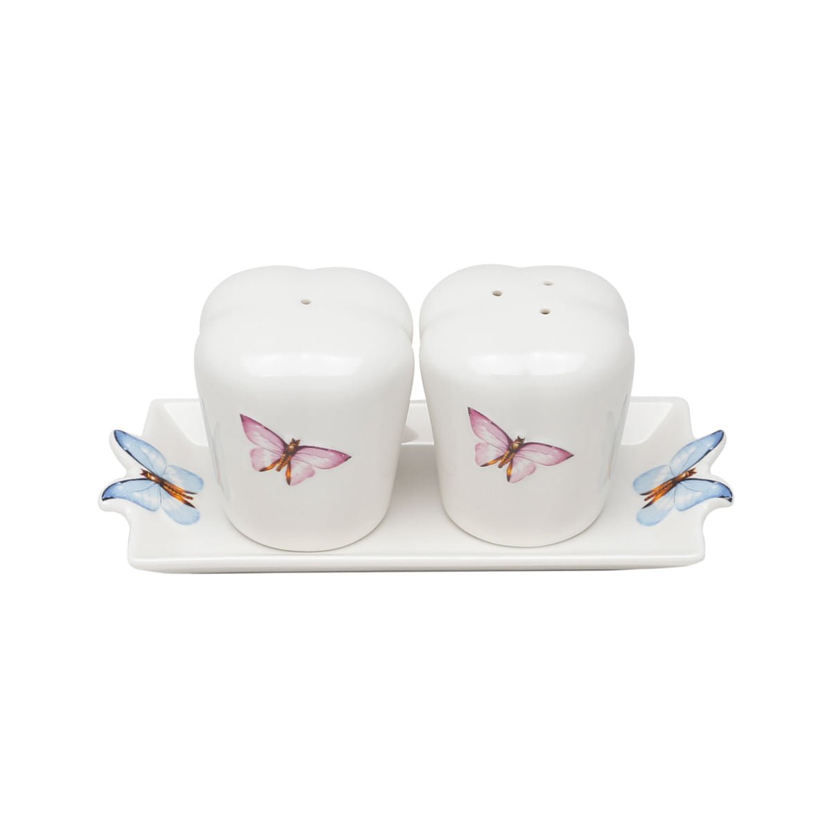 Conjunto Saleiro e Pimenteiro com Bandeja de Porcelana Borboletas Branco 6cm 3 Peças - Ela Decora