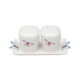 Conjunto Saleiro e Pimenteiro com Bandeja de Porcelana Borboletas Branco 6cm 3 Peças - Ela Decora