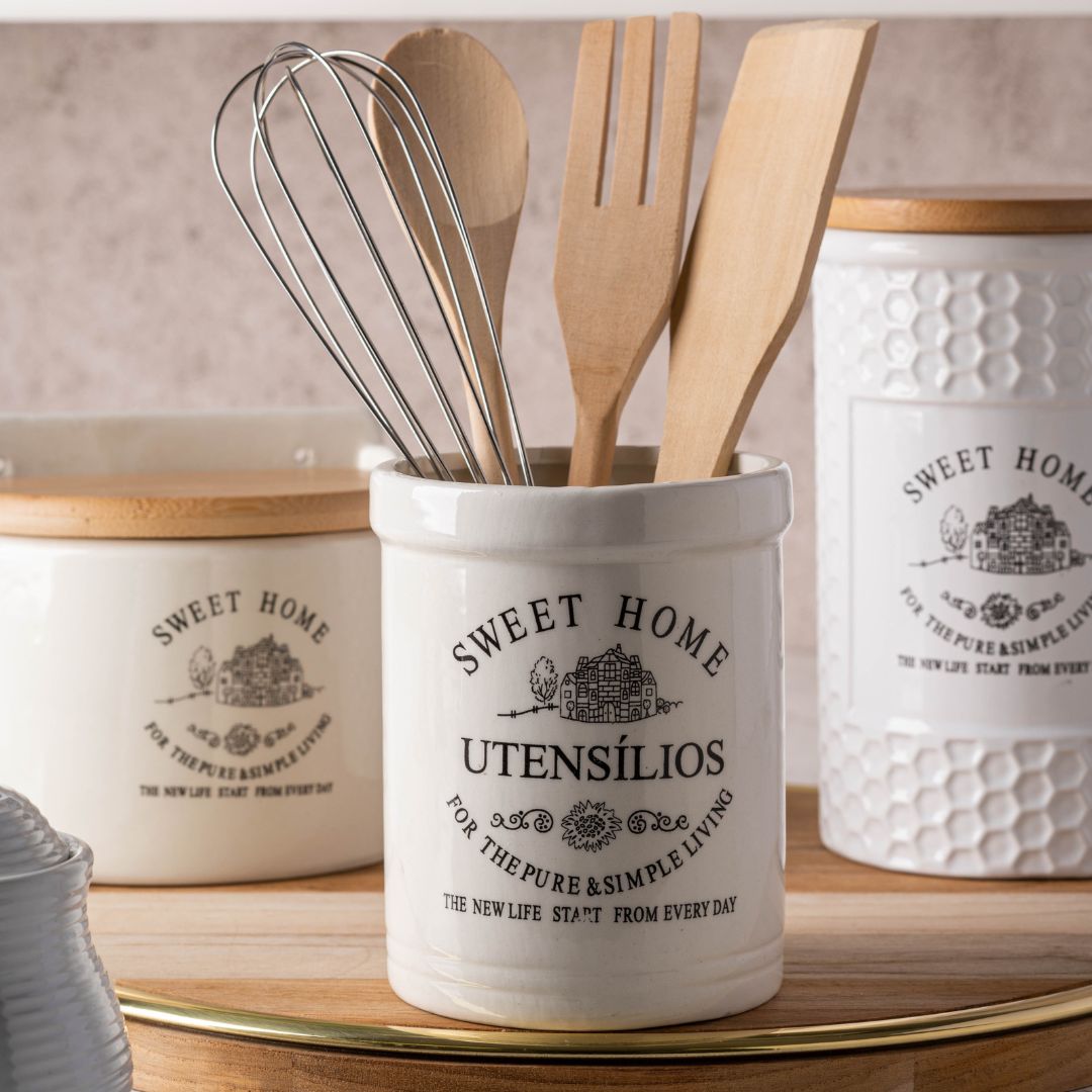 Conjunto Utensílios para Cozinha com Suporte em Cerâmica 5 Peças - Ela Decora