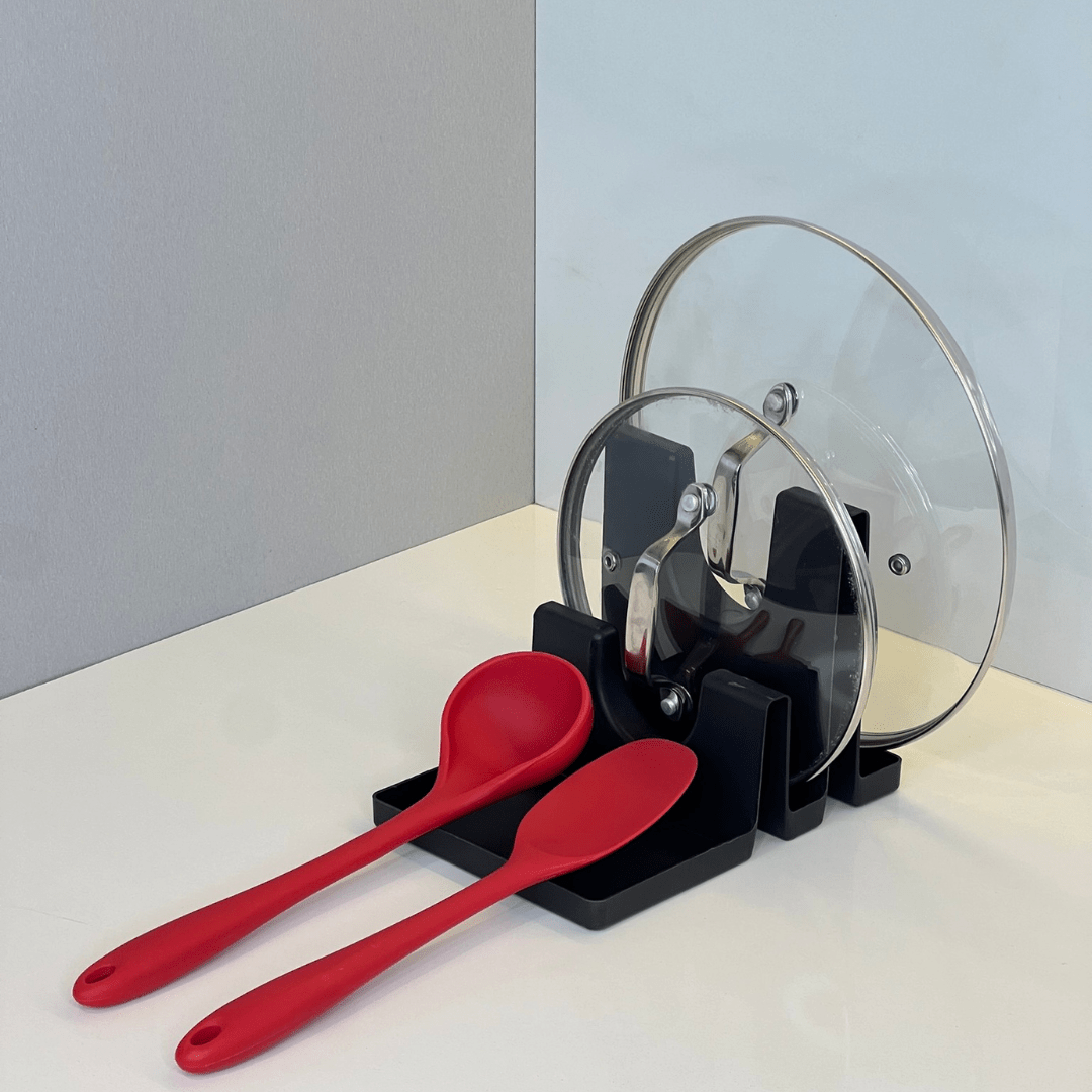 Descanso para Tampas e Utensilios em Bambu e Plástico Preto - Ela Decora