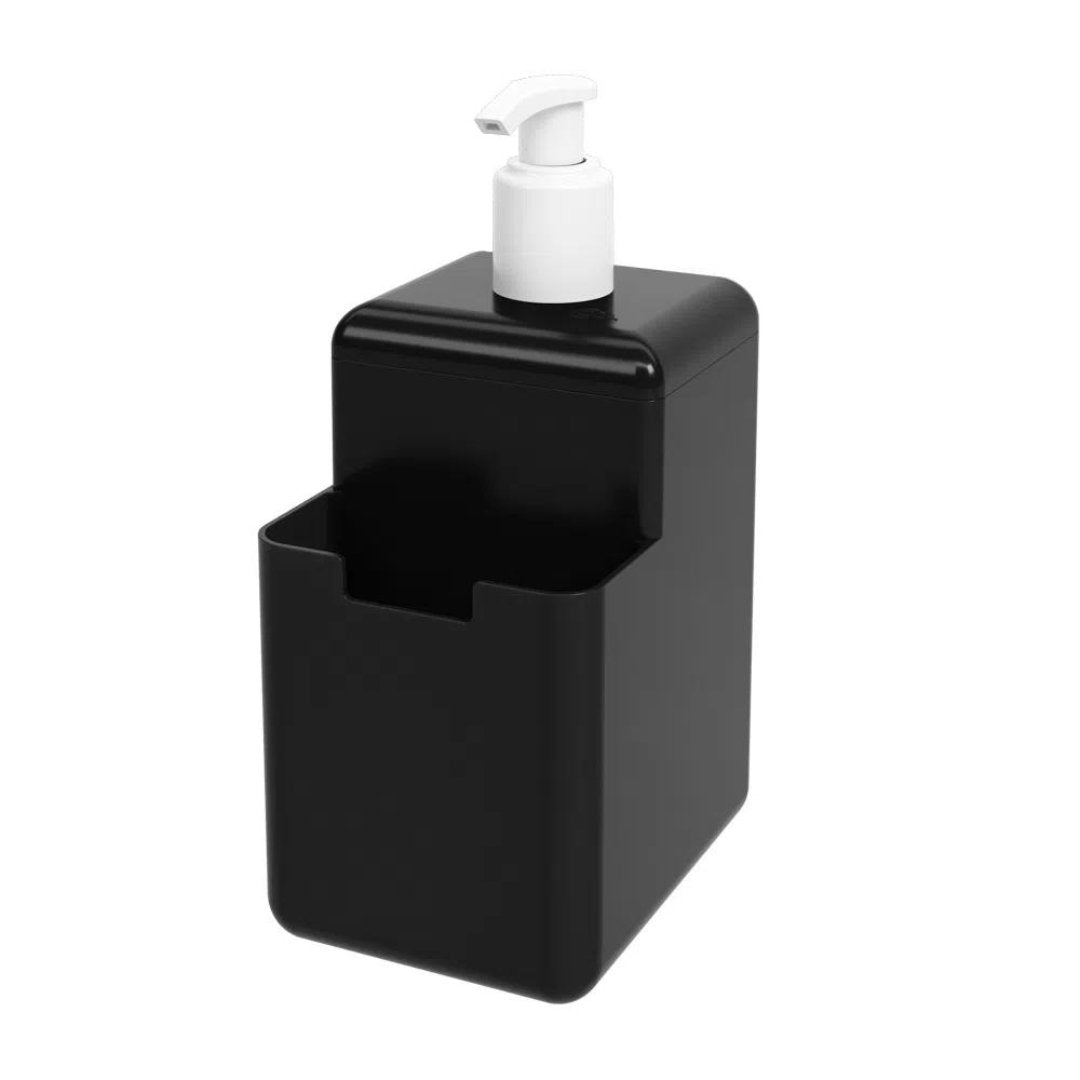Dispenser de Detergente Single com Porta Esponja Bucha Preto e Branco 500ml - Ela Decora