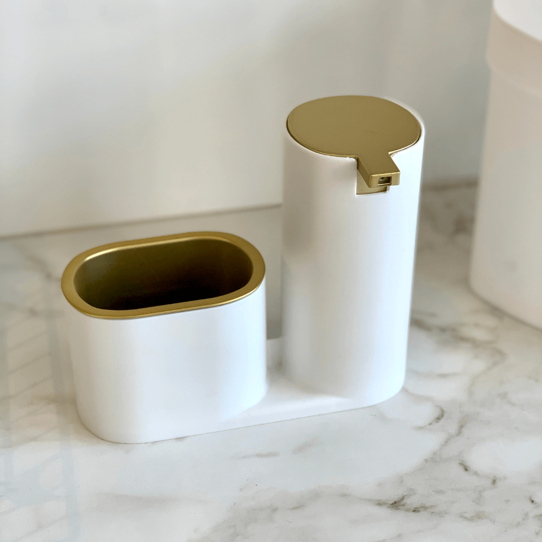 Dispenser Porta Detergente com Bucha Linha Conceito Branco com Dourado - Ela Decora