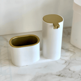 Dispenser Porta Detergente com Bucha Linha Conceito Branco com Dourado - Ela Decora