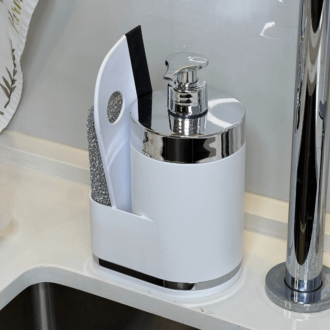 Dispenser Porta Detergente Organizador De Pia Branco e Cromado - Ela Decora