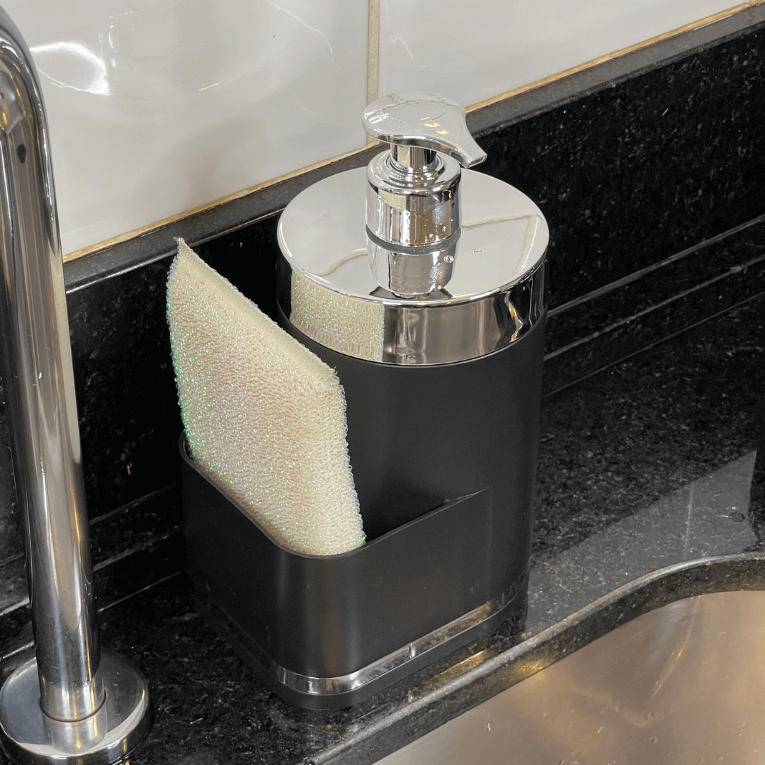 Dispenser Porta Detergente Organizador De Pia Preto e Cromado - Ela Decora