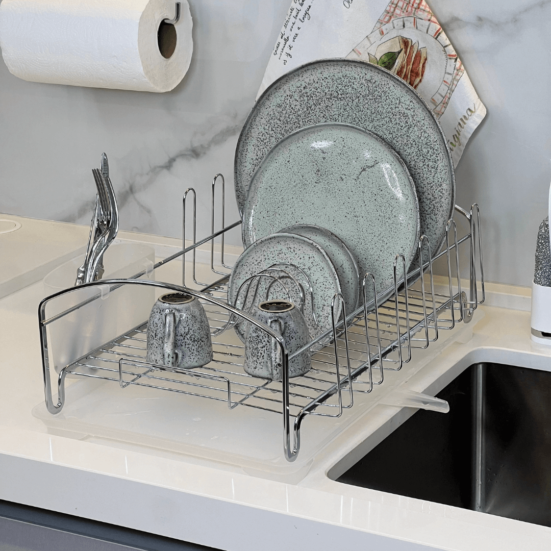 Escorredor De Louças com Bandeja Cromado e Branco 10 Pratos 8 Copos - Ela Decora