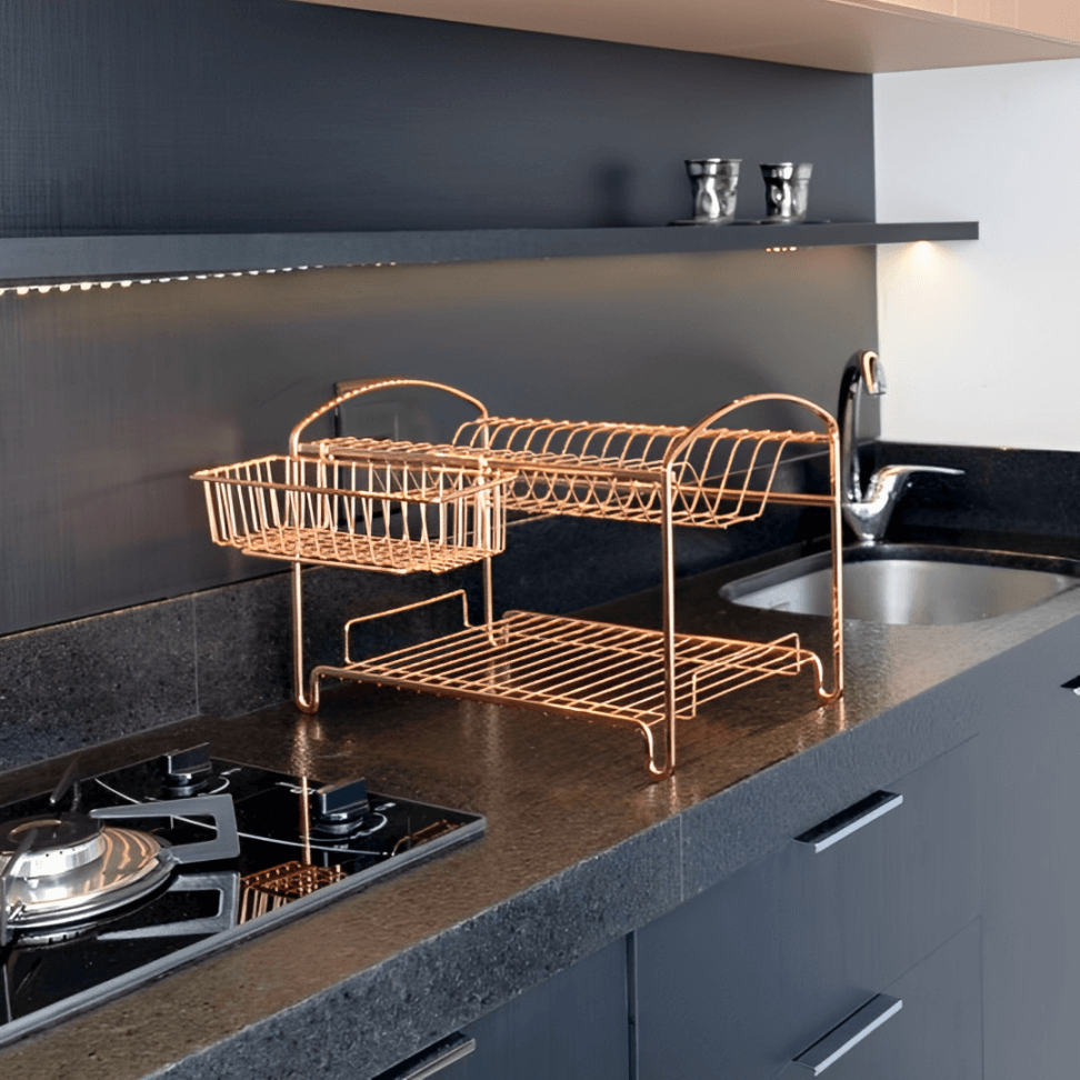 Escorredor de Louças Duplo 16 Pratos Aço Rose Gold - Ela Decora