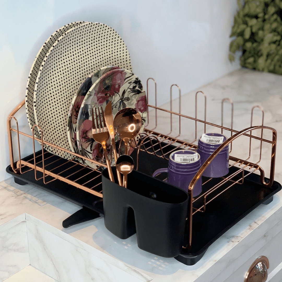 Escorredor De Louças Rose Gold Com Bandeja Preta 10 Pratos 8 Copos - Ela Decora