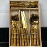 Faqueiro de Aço Inox com Cabo Plástico Bambu Dourado 24 Peças - Ela Decora