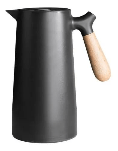 Garrafa Térmica Nórdica com Cabo de Madeira Preta 1 Litro - Ela Decora