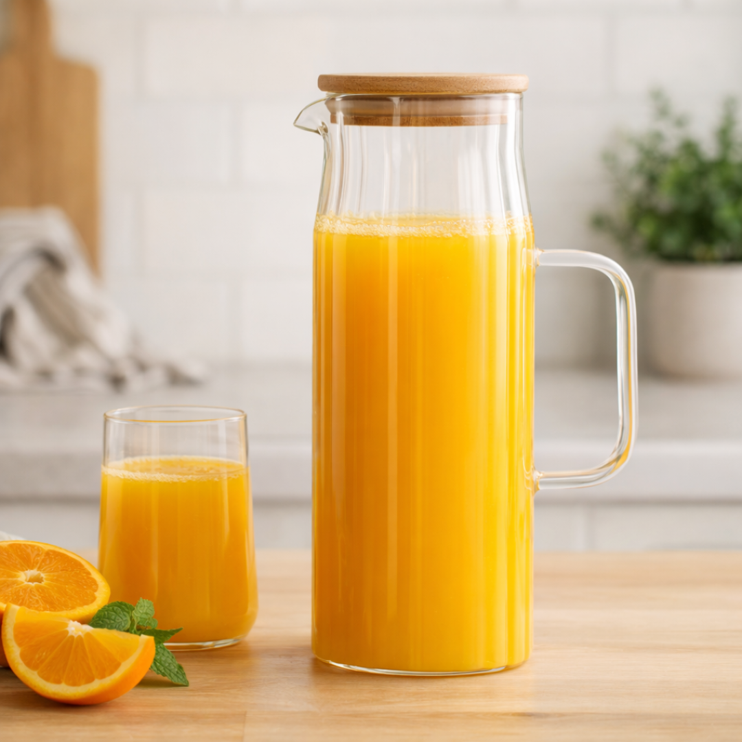 Jarra vidro borossilicato com suco de laranja e tampa de bambu na cozinha