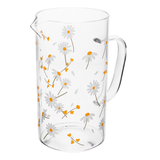 Jarra de vidro transparente com flores e miolo amarelo em perspectiva frontal