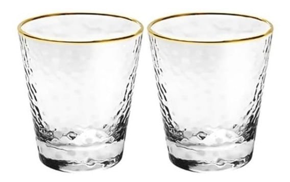 Jogo 2 Copos Vidro Martelado Borda Dourada Fio de Ouro 300ml - 2 Peças - Ela Decora