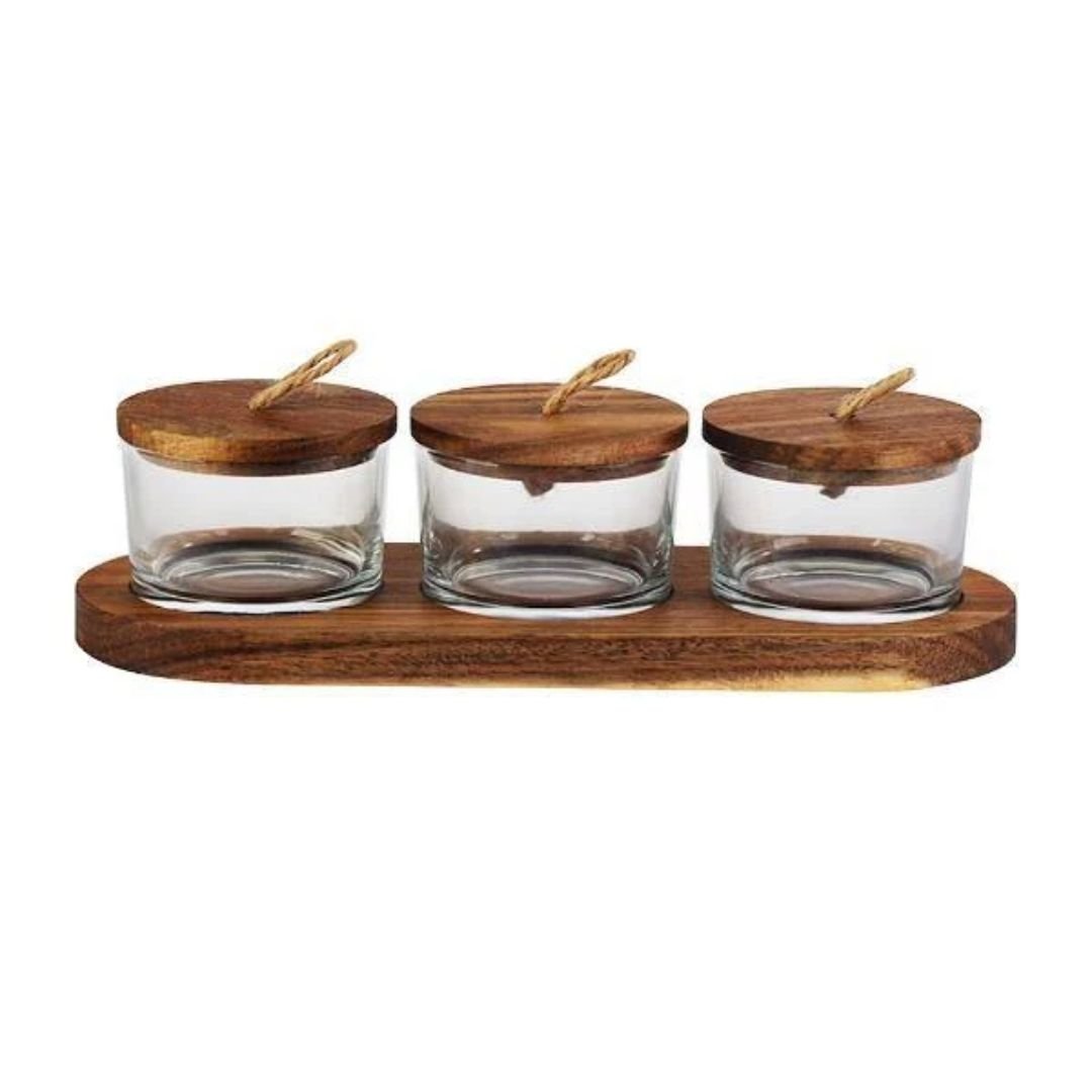 Jogo 3 Petisqueiras em Vidro com Tampa e Suporte em Madeira 120ml - Ela Decora