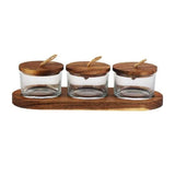 Jogo 3 Petisqueiras em Vidro com Tampa e Suporte em Madeira 120ml - Ela Decora