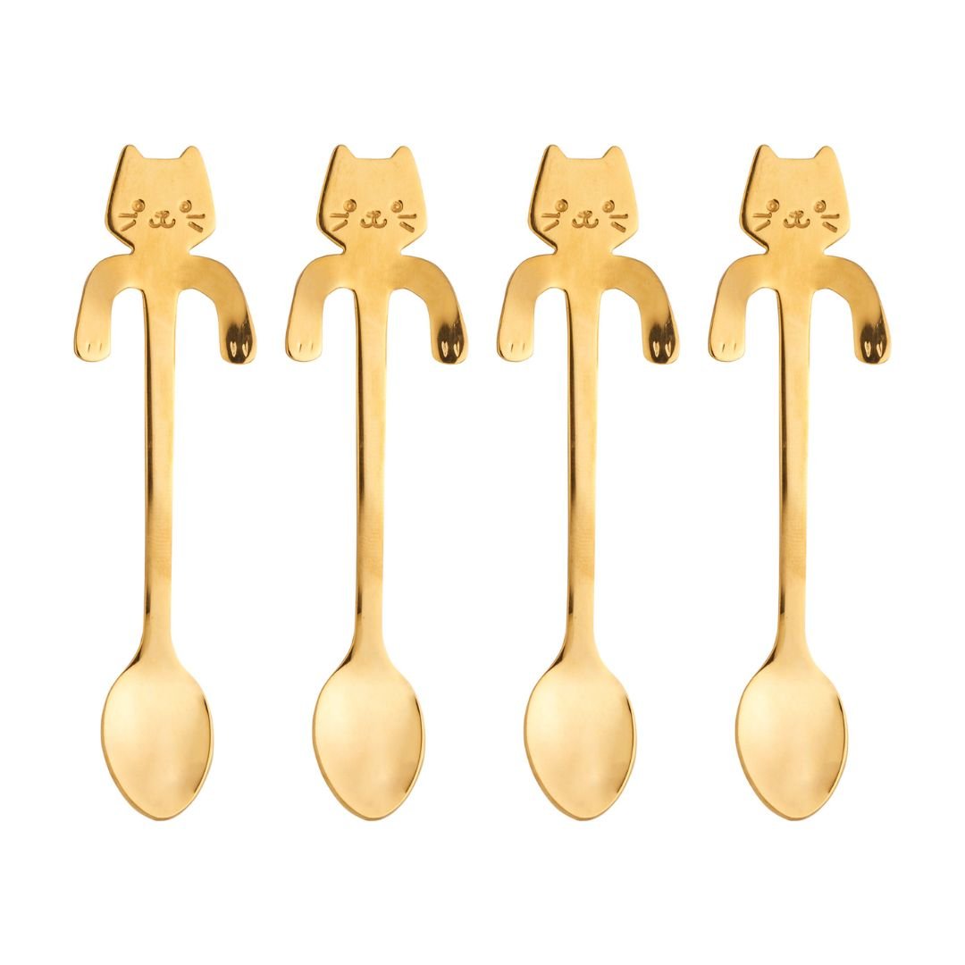 Jogo 4 Colheres para Chá em Aço Inox Cat Dourado - Ela Decora