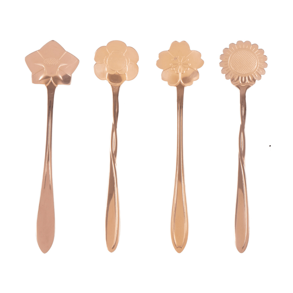 Jogo 4 Colheres Para Chá Flores Aço Inox Rose Gold - Ela Decora