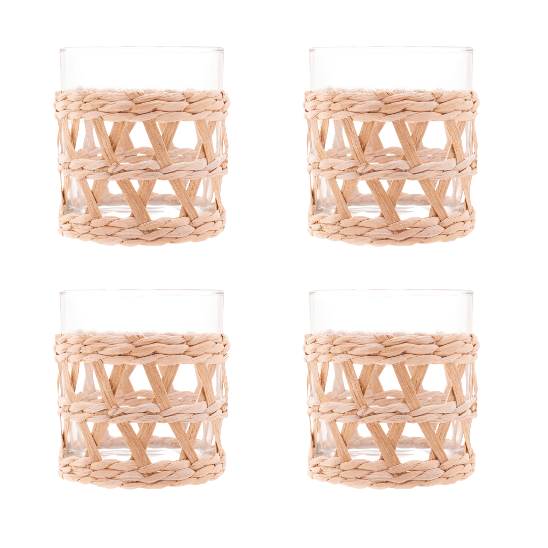 Jogo 4 Copos Baixos de Vidro com Sisal 320ml - Ela Decora