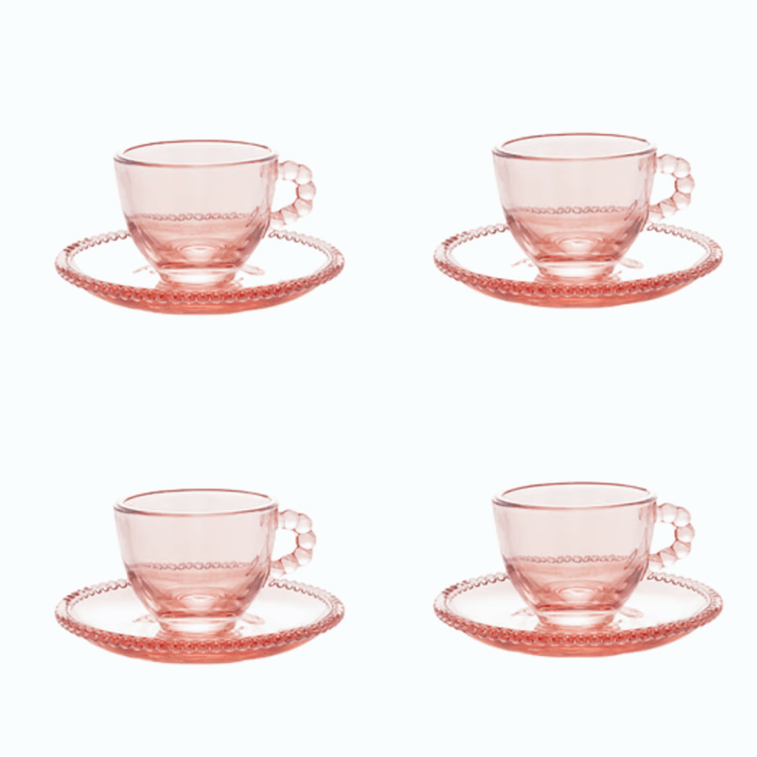 Jogo 4 Xicaras de Café Cristal de Chumbo com Pires Pearl Rosa 80ml - Ela Decora