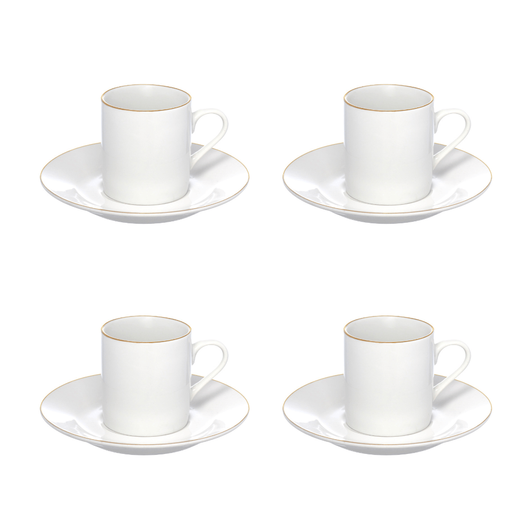 Jogo 4 Xícaras de Café Porcelana Royal Branco e Borda Dourada 90ml 4 Peças - Ela Decora