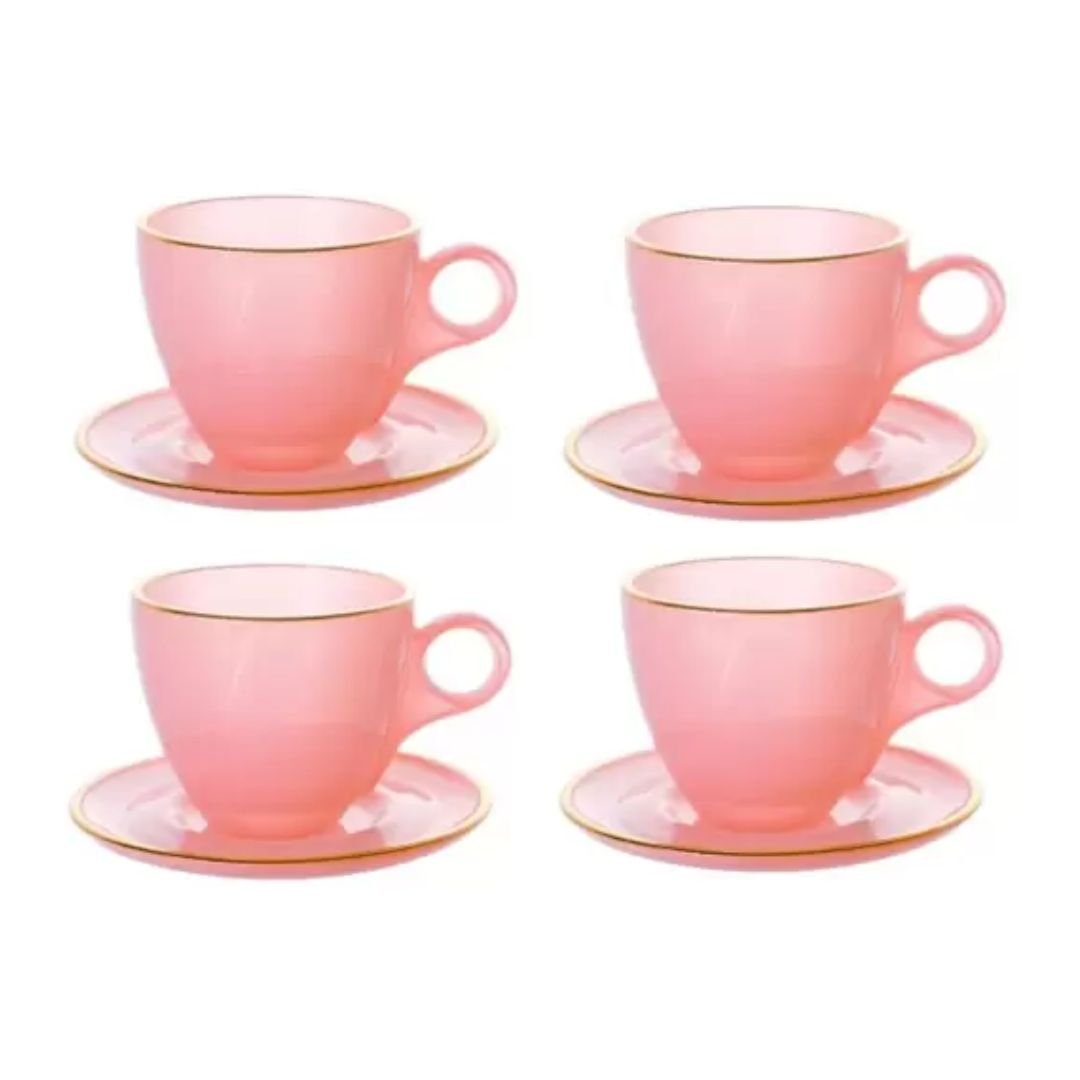 Jogo 4 Xicaras de Chá com Pires Fio de Ouro em Cristal Rosa 170ml - Ela Decora