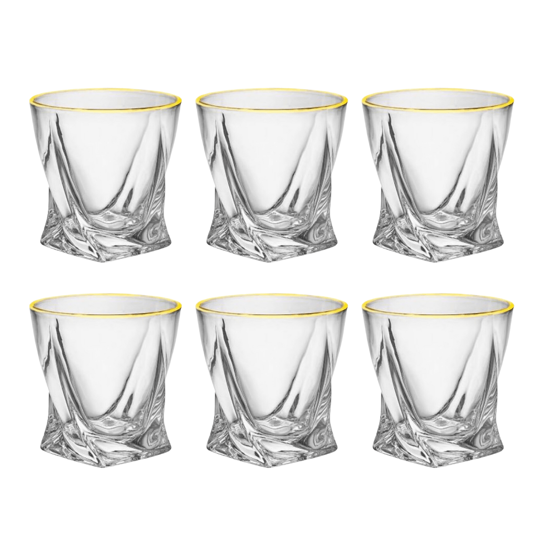 Jogo 6 Copos Baixos Whisky em Cristal com Borda Dourada 300ml - Ela Decora