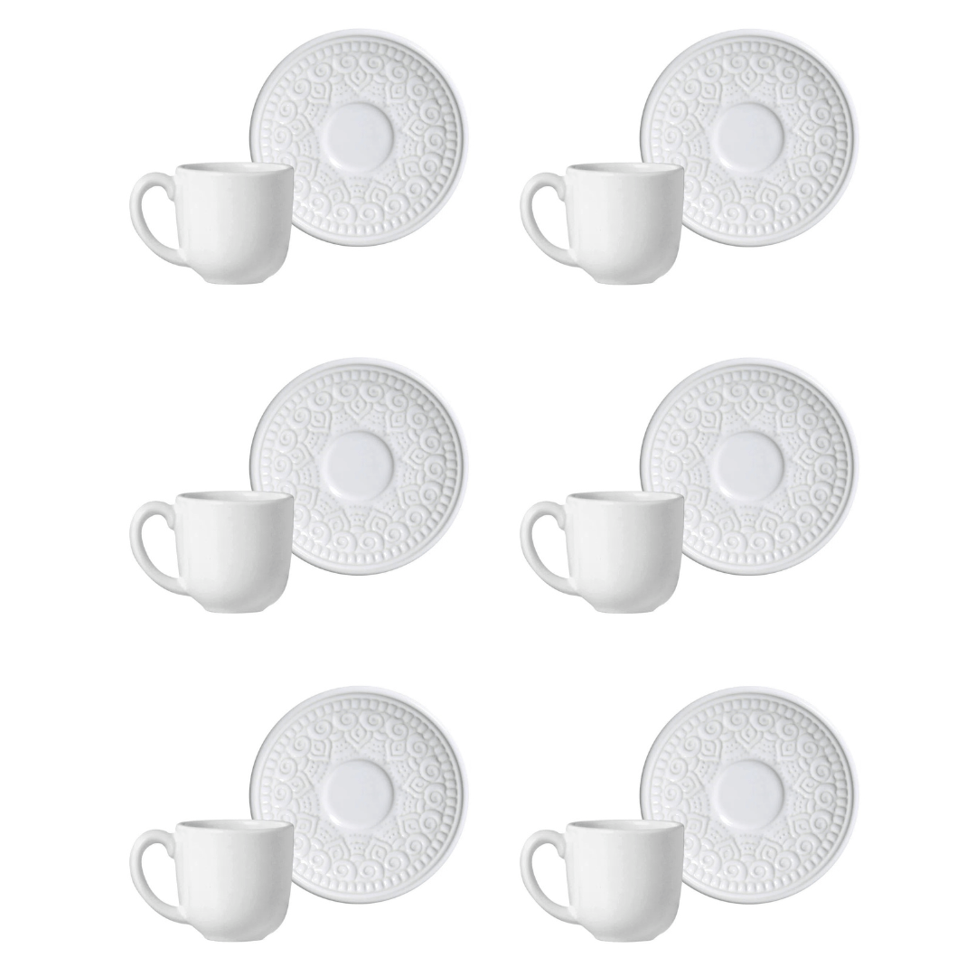 Jogo 6 Xícaras de Café com Pires Agra Branco 112ml - Ela Decora