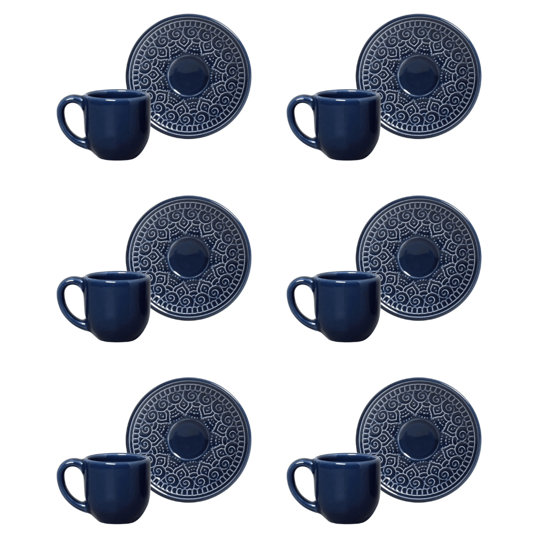 Jogo 6 Xícaras de Café com Pires Agra Deep Blue Azul 112ml - Ela Decora