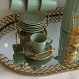 Jogo 6 Xícaras de Café com Pires Amassada Verde com Filete - Ela Decora