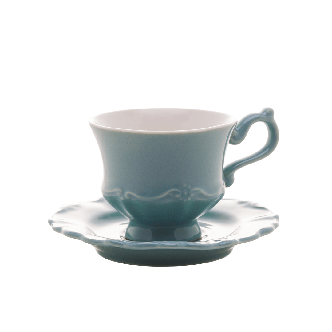 Jogo 6 Xicaras de Café com Pires em Porcelana Fancy Verde 90ml - Ela Decora