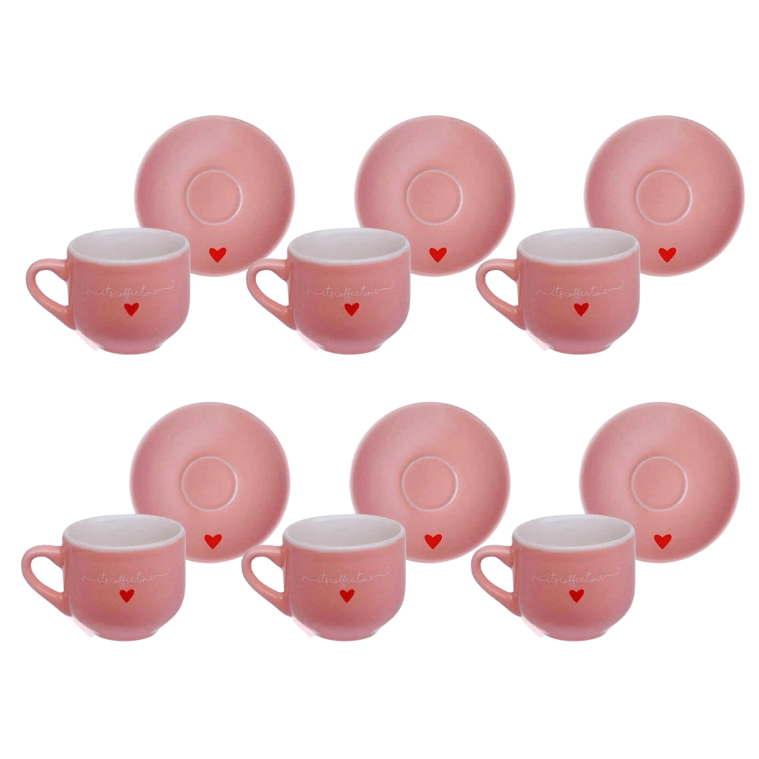 Jogo 6 Xícaras de Café com Pires em Porcelana L'amour Rosa 90ml - Ela Decora