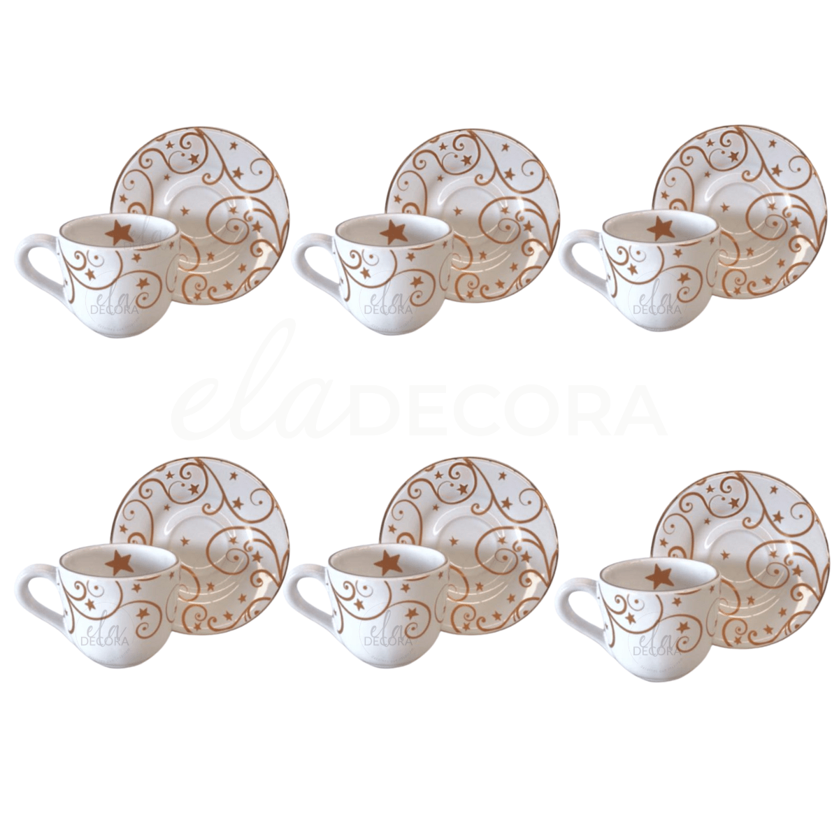 Jogo 6 Xicaras de Café com Pires Fio de Ouro Natal Christmas Day - Ela Decora