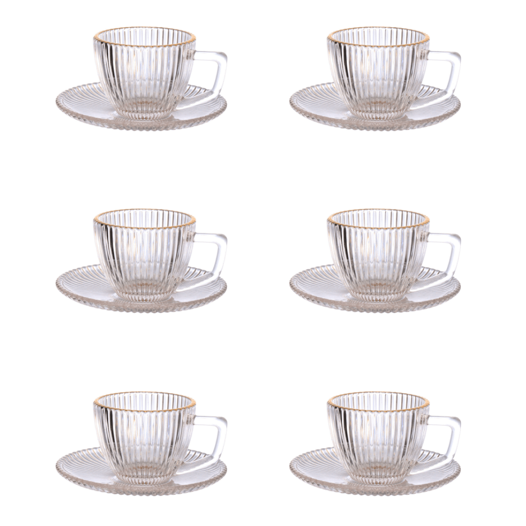 Jogo de Xicaras de Café com borda dourada e vidro canelado