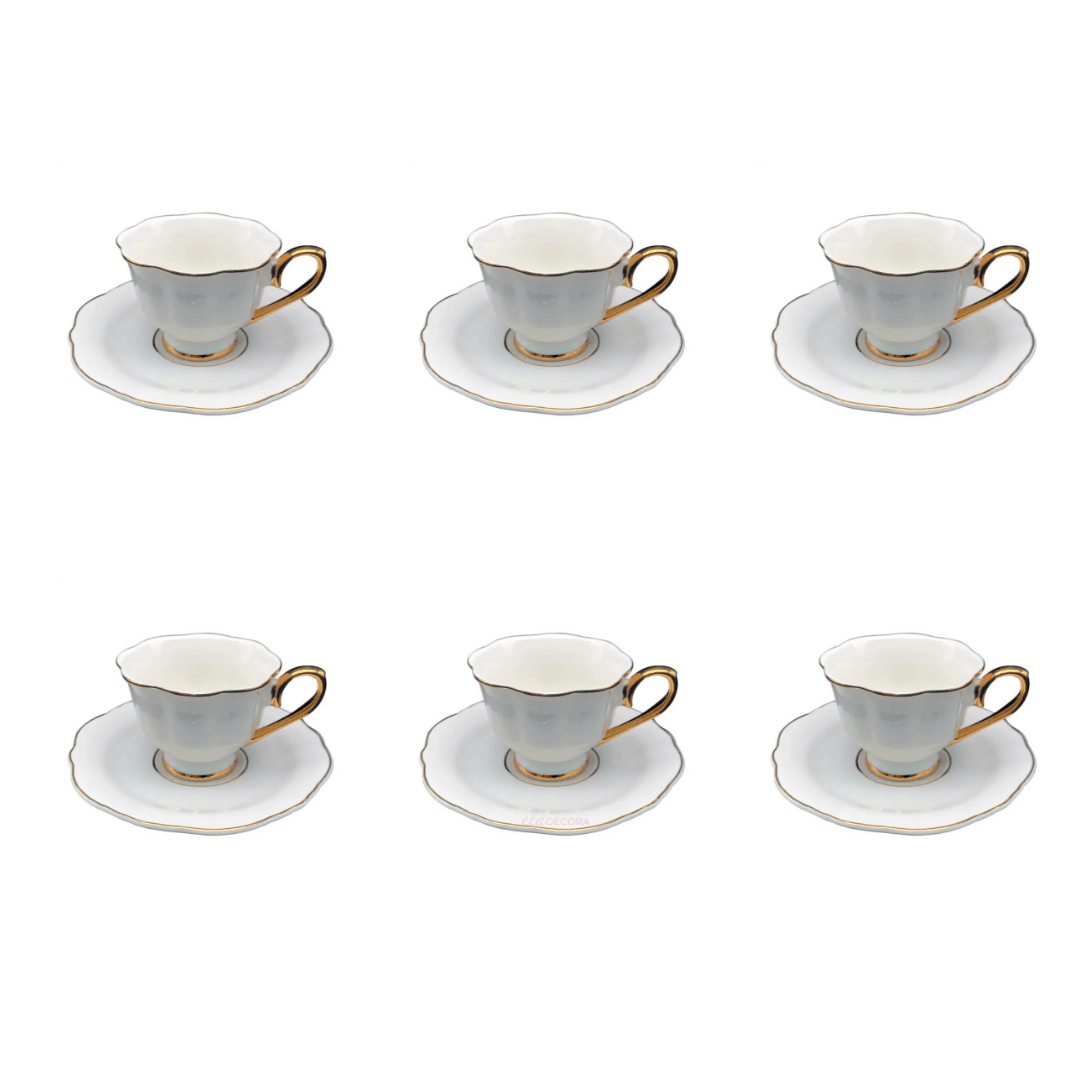 Jogo 6 Xícaras de Café com Pires Mon Charmant New Bone Branca com Borda Dourada 90ml - Ela Decora