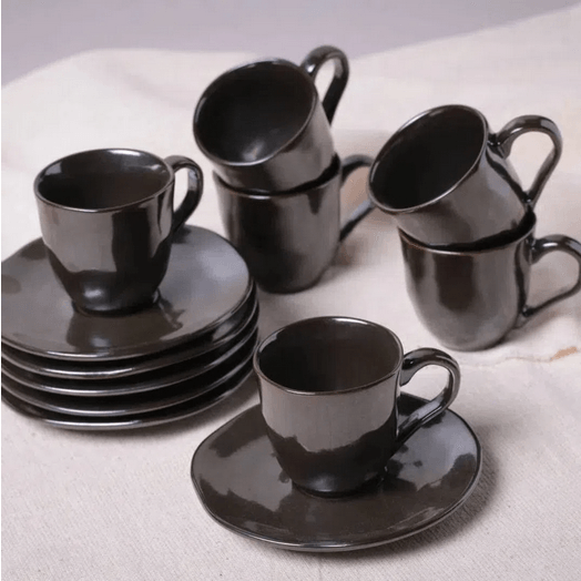 Jogo 6 Xícaras de Café com Píres Orgânico Ferrum Preto 120ml - Ela Decora