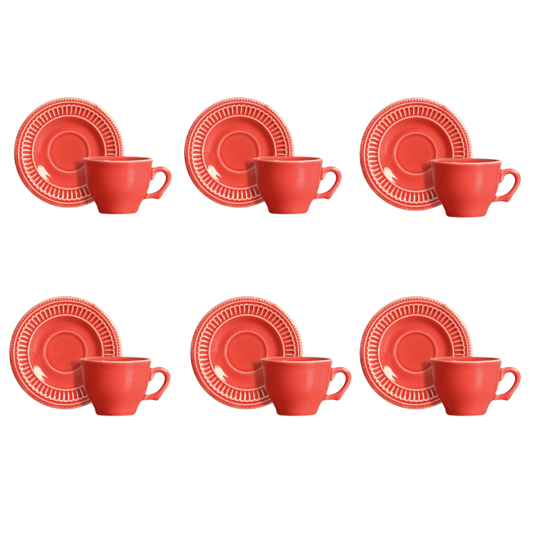 Jogo 6 Xicaras de Café com Pires Poppy Coral 100ml - Ela Decora