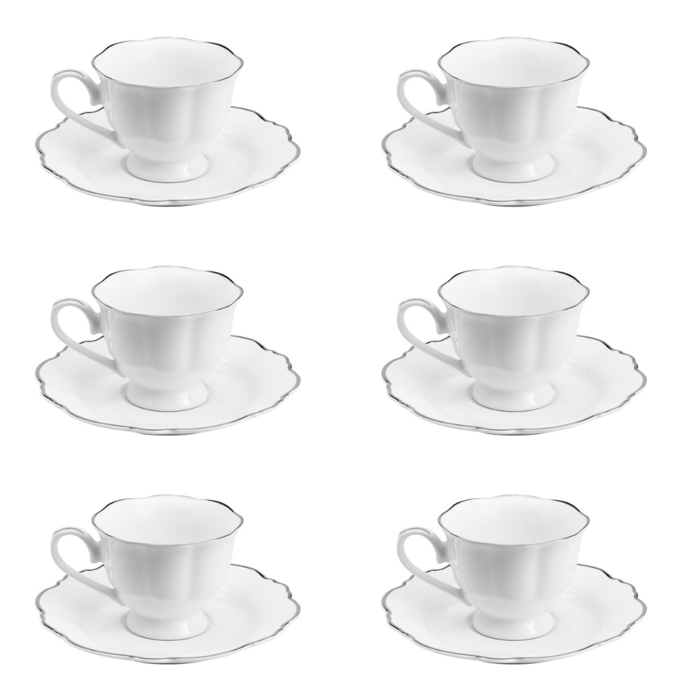 Jogo 6 Xícaras de Café Com Pires Porcelana Branco Com Fio Prateado - 80ml - Ela Decora