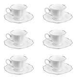 Jogo 6 Xícaras de Café Com Pires Porcelana Branco Com Fio Prateado - 80ml - Ela Decora