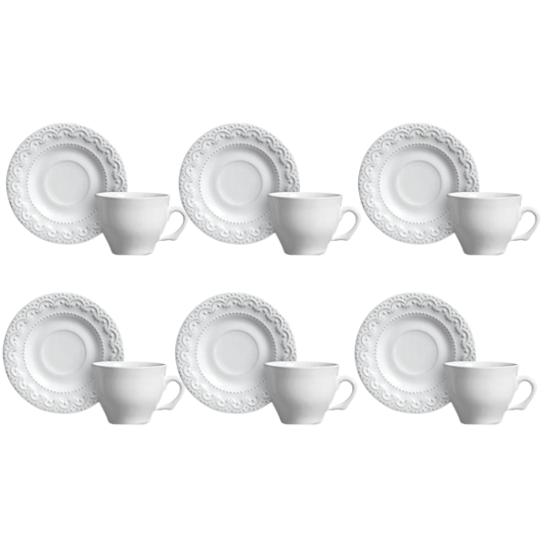Jogo 6 Xicaras de Café com Pires Princess Branco 100ml - Ela Decora