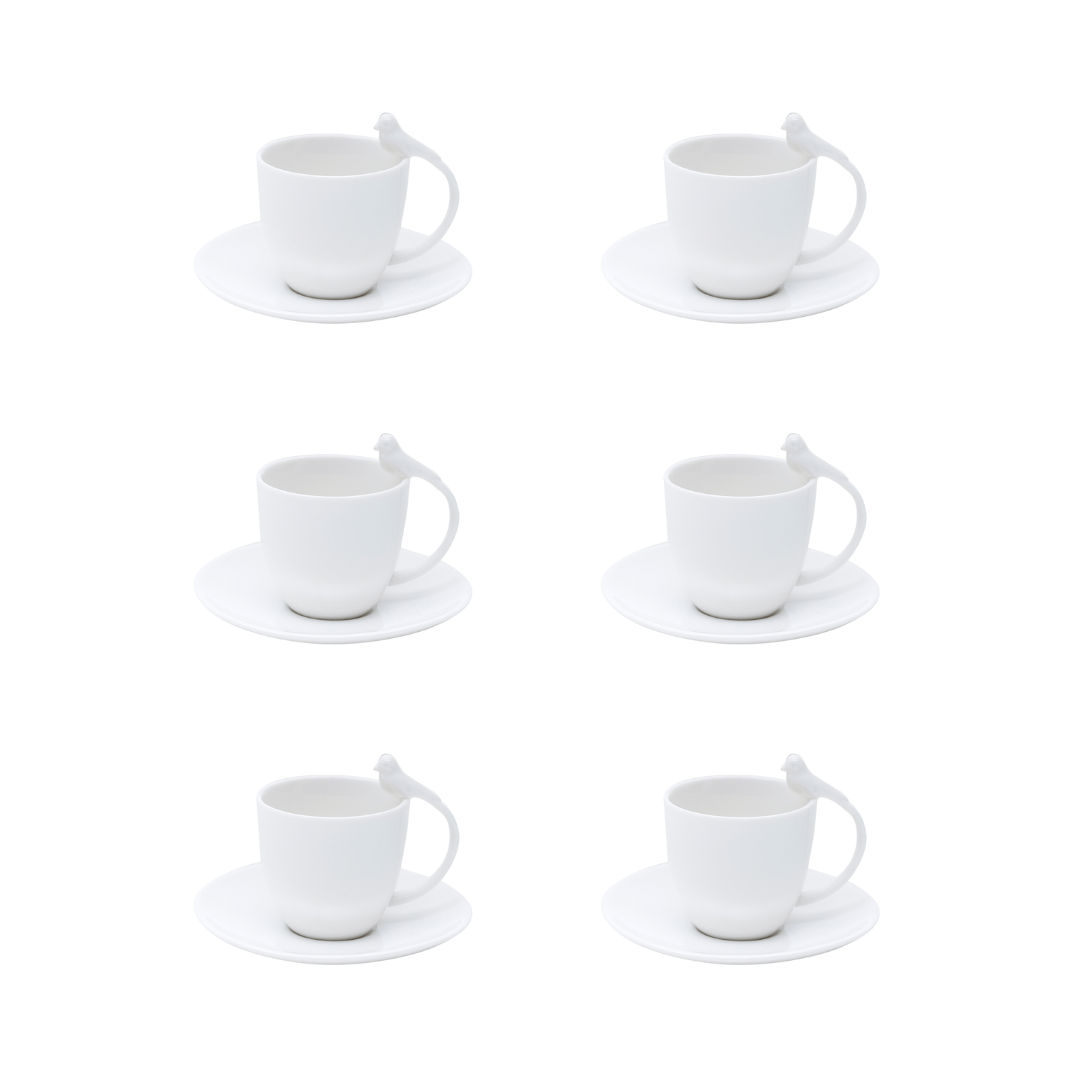 Jogo 6 Xícaras de Café Porcelana com Pires Birds Branca 85ml - Ela Decora