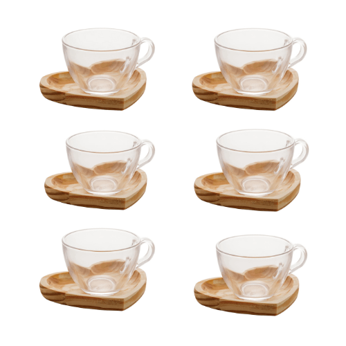 Jogo 6 Xicaras de Chá com Pires Coração Madeira Pinus 190ml - Ela Decora