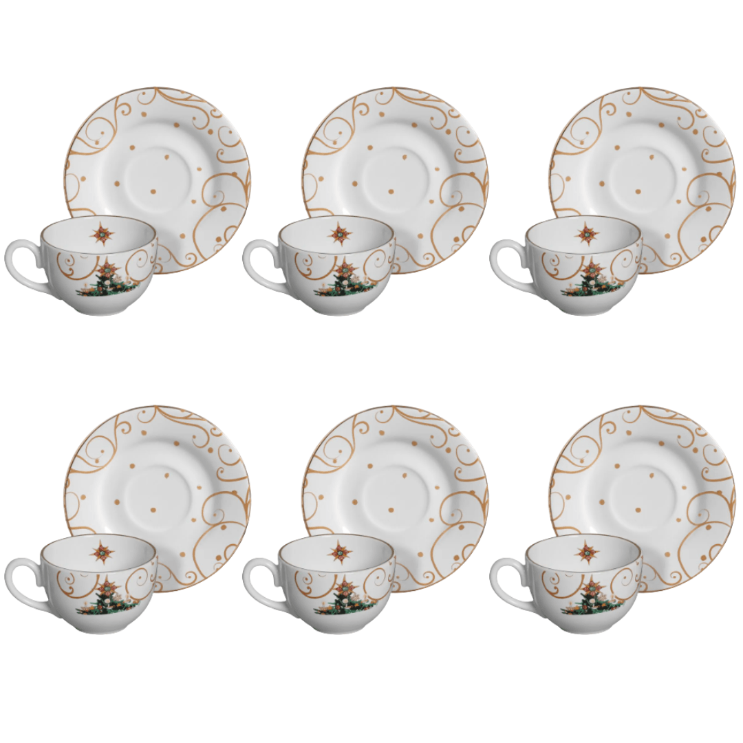Jogo 6 Xicaras de Chá com Pires Natal Christmas Day 200ml - Ela Decora